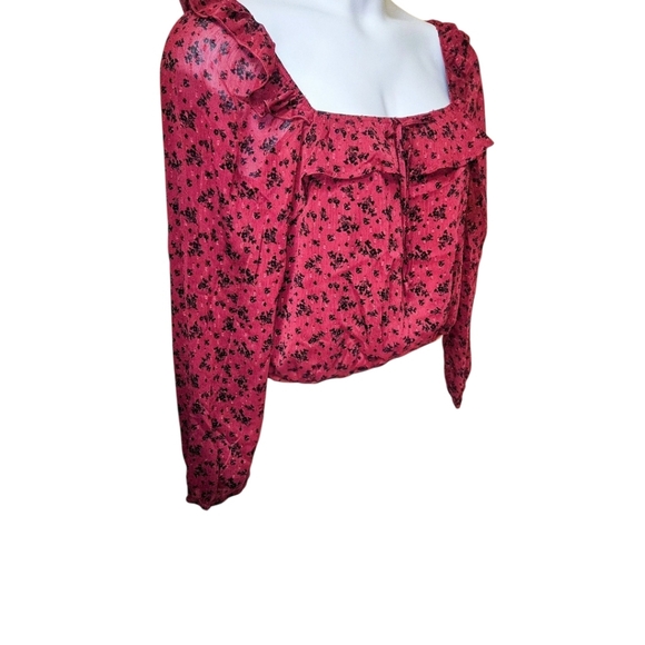 TRIXXI new burgundy & black sheer long sleeve ruffle floral chiffon blouse - Picture 5 of 16